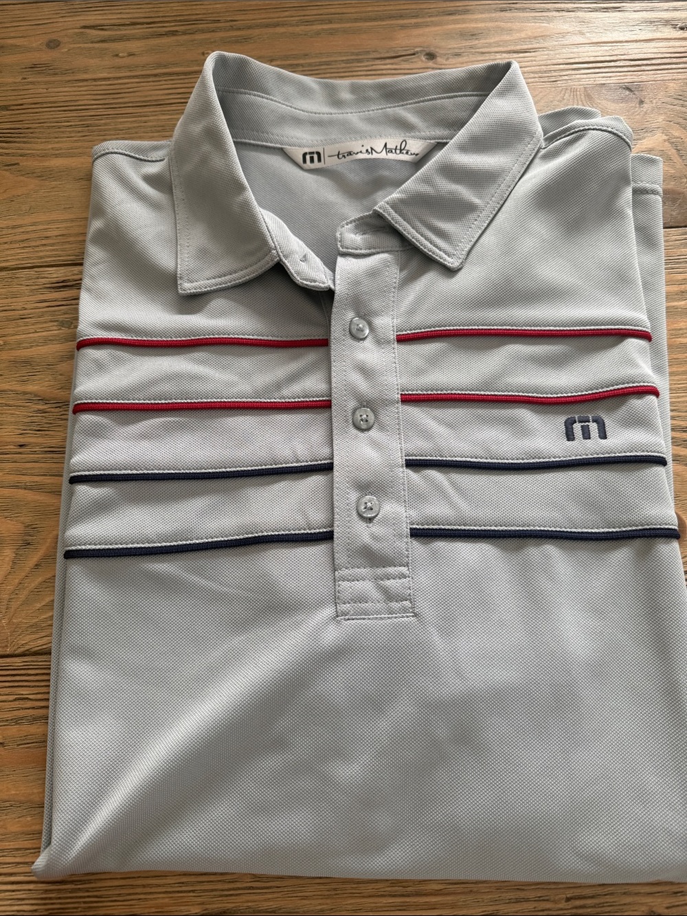 Travis Mathew Light Gray Polo with Red & Navy Stripes